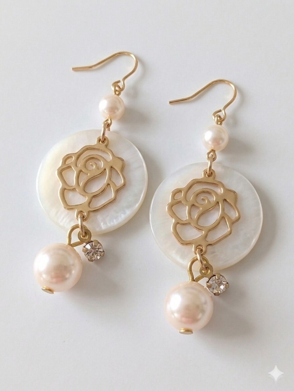 Mother of Pearl & Faux Pearl Rose Dangle Earrings - Picture 2 of 6